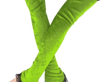 Neon Green Velvet Fingerless Gloves with Black Lace Trim, 20" Extra Long Opera Arm Warmers with Finger Loop, Cyber Goth Costume Accessory