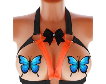 fashion women harness black orange elastic strappy lingerie chest top stretch ribbon body cage ring fashion pastel minimalist belt