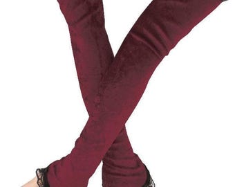 Burgundy Velvet Opera Gloves, Black Lace Fingerless Arm Warmers Handmade