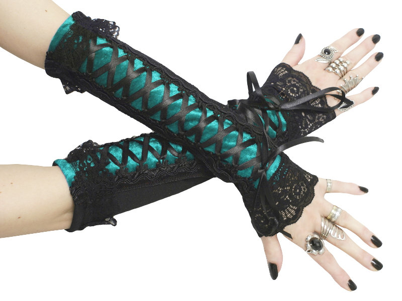 Black Red Velvet Corset Laced Arm Warmers, Gothic Opera Sleeves