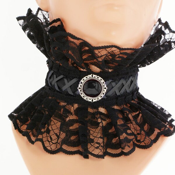 Fabriqué sur commande collier noir gothique satin dentelle cabochon pendentif corset laçage choker goth col romantique victorien vampire costume élégant