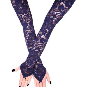 Womens Blue Lace Gloves Long Arm Warmers Covers Steampunk Cosplay Costume Gothic Wedding Goth Outfit Gloves with Finger Loops Handmade Gift
