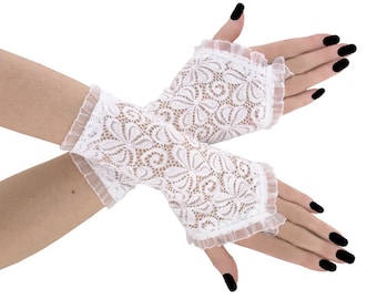 Weiße Spitzenhandschuhe für Damen, fingerlos, Braut, Hochzeit, Damen, formeller Abend, Brauthochzeit, romantisch, elegant, handgefertigtes Geschenk auf Bestellung