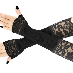 Black lace womens gloves striped evening fingerless long warmers costume glamour elbow length elastic lace elegant romantic clothing