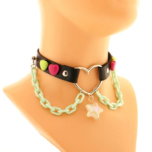 Vegan Leather Collar, Pastel Kawaii Emo Goth Choker, Necklace Collar cat kitten, Neko Heart Coker Plastic Chain O Ring Pendant Star pacifier