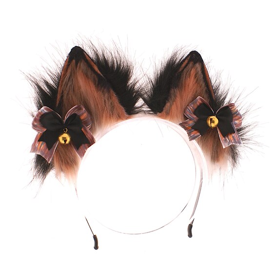 Brown and Black Faux Fur Fox Ears Headband With Bow & Bell  display picture 2