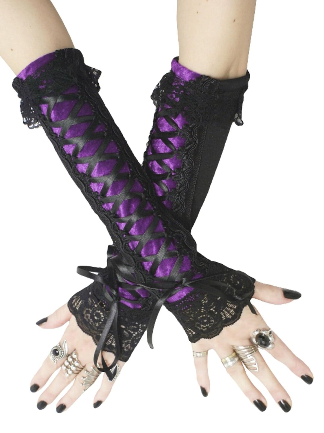 Gothic Fingerless Gloves, Black Lace, Purple Corset Arm Warmers