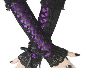 Black Lace Fingerless Gloves with Purple Velvet Panel, Gothic Corset Laced Elbow Length Arm Warmers, Purple Center Costume Sleeves, XS-3XL