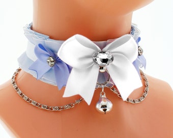 Baby blue kitten pet play collar, organza choker necklace, white satin bow chain with a bell, kawaii pastel color accessories neko princess