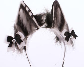 Black White Striped Faux Fur Cat Ears Headband Ribbon Bow Bells Kitten Accessory Neko Cosplay Emo Anime Costume Headpiece Cute