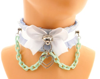 Kawaii chain choker, kitten pet play collar, blue satin organza cute choker necklace, collar with plastic chain bow with a gem heart pendant