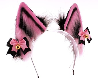 Pink Black Faux Fur Cat Ears Headband with Bow, Kawaii Goth Neko Cosplay Accessory