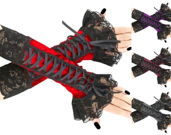 Rot-schwarze Samt-Damenhandschuhe, fingerlose Gothic-Handschuhe, lange Stulpen, formelle Kostüm-Abendhandschuhe, Kostüm, Schnürung, Korsett, Ellenbogenlänge