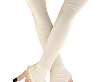 Extra long beige fingerless gloves womens wedding arm warmers bridal over elbow opera sleeves