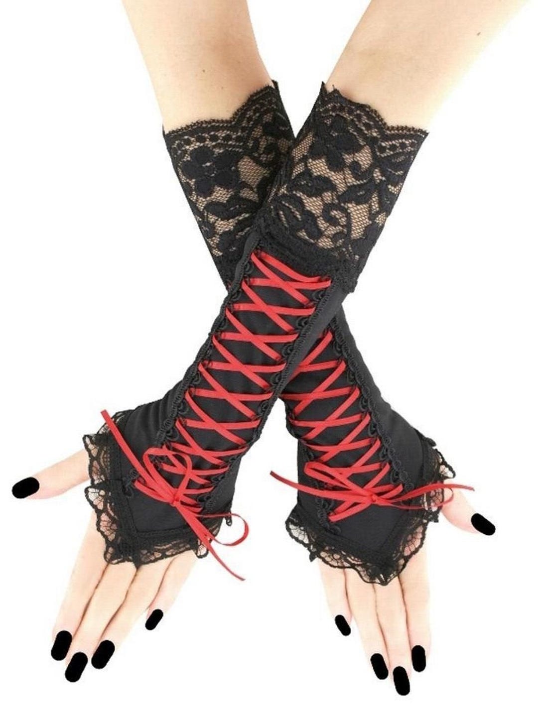 Gothic Fingerless Corset Gloves: Black Red Lace Arm Warmers