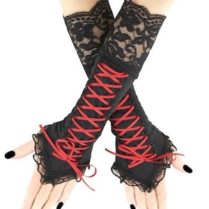 Mitaines gothiques corset : manchettes en dentelle noires et rouges