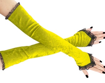 Gants en velours jaune néon, gants sans doigts extra longs sur les coudes, gants formels chauffe-bras pour femmes, costume de cosplay de gants d'opéra de soirée