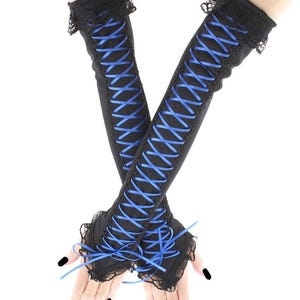 Extra lange Gothic Damen Handschuhe Armstulpen über Ellbogen Ärmel Schnürung Korsett Blau Schwarz Gothic Kostüm plus Größe