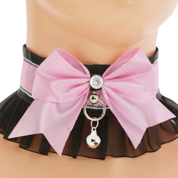 Collier petplay chaton rose noir cloche ras de cou collier en organza noeud satin pastel kawaii neko chiot jouer costume de jeu pour animaux de compagnie plus la taille