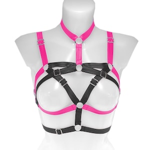 Women harness body adjustable elastic strappy lingerie black neon pink chest top stretch ribbon body cage pastel belt kawaii costume