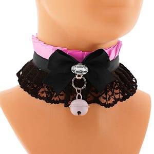 Pink & Black Kitten Play Collar: Satin Lace Ruffle Choker