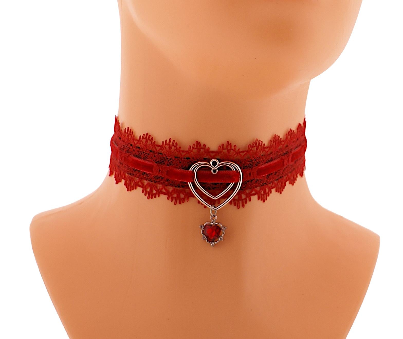 Red Lace Velvet Choker: Heart Pendant Romantic Necklace