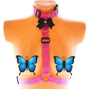 Nylon chest webbing human pet play harness detachable collar pink body chest harness black satin bow with crystal more colors and sizes