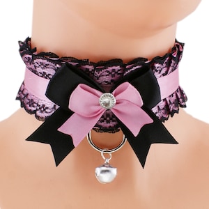 Kitten petplay collar pink satin lace choker necklace with black lace d ring bow and bell handmade, I have several colors and sizes 11