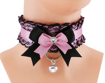 Kitten petplay collar pink satin lace choker necklace with black lace d ring bow and bell handmade, I have several colors and sizes 11