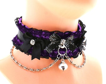 Kitten petplay collar black purple satin lace choker chain with o ring silver bow and bell handmade, I have several colors and sizes