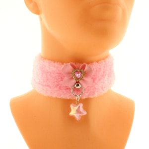 Furry Neko Collar, Baby Pink Faux Fur, Star Charm, Handmade Cosplay