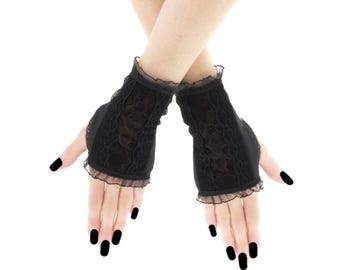 Black lace gothic fingerless gloves mittens thumb holes goth, formal gloves womens evening gloves plus size available cosplay costume