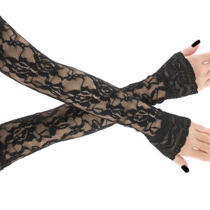 Women black lace gloves extra long over elbow evening opera arm sleeves formal elegant stretch arm cover gothic goth costume handmade gift