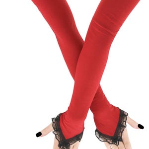 Extra long fingerless opera gloves red black lace over elbow womens arm warmers gloves evening gloves costume gothic gloves formal sleeves