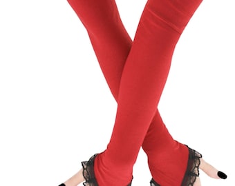 Red 20" Opera Gloves, Fingerless with Black Lace Trim, Evening Sleeves, Formal Bridal Arm Warmers, Prom Dress Elegant Accessories