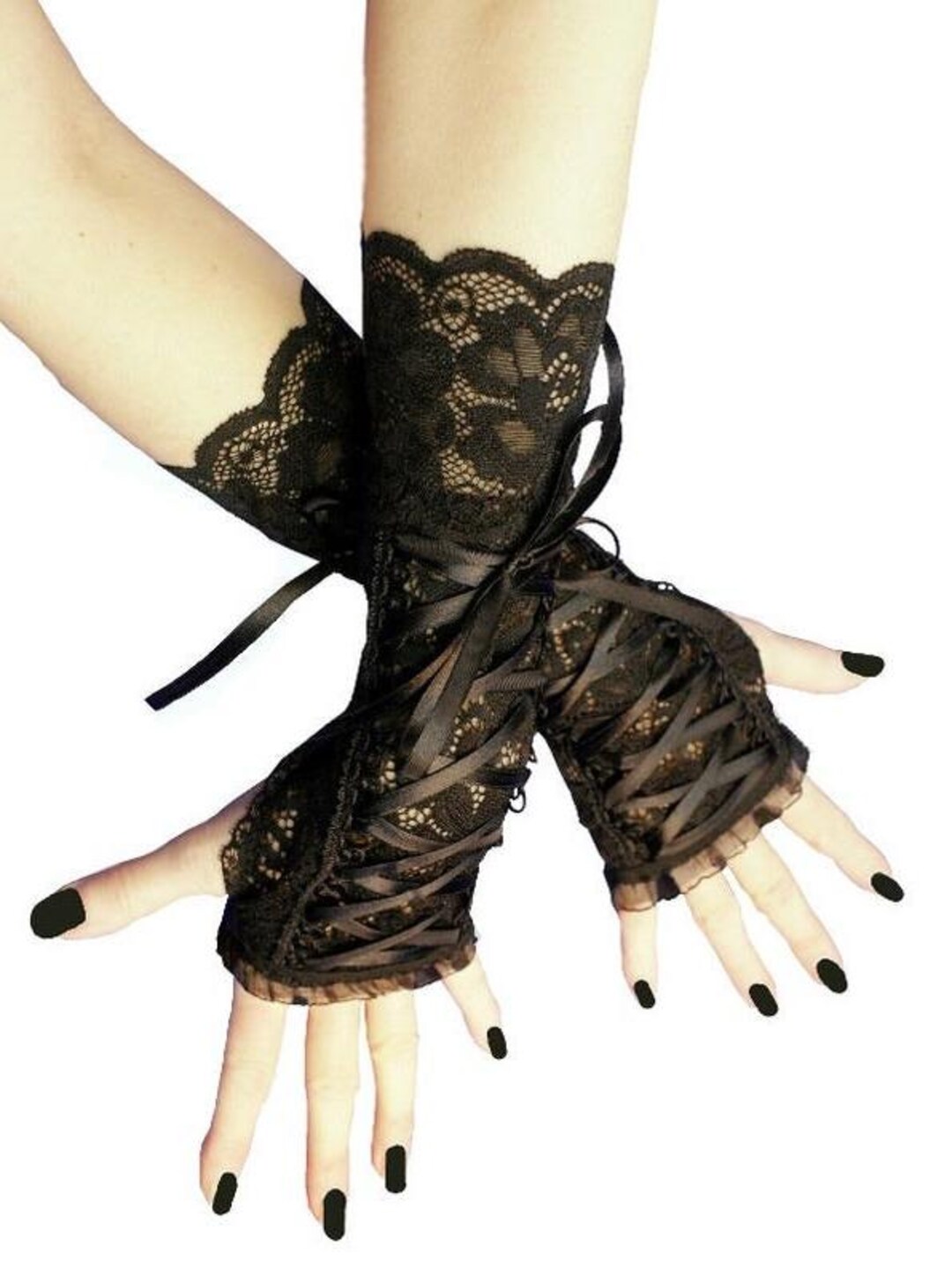Black Lace Evening Gloves, Victorian Gothic Glamour Fingerless