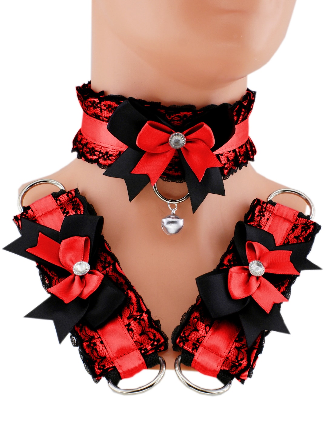 Kitten Petplay Set Collar Cuffs Bell Satin Lace Black Red Pastel Gothic