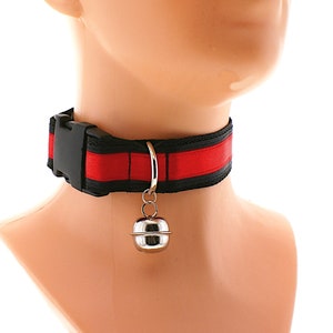 Kitten pet play buckle collar choker, red black satin proof sturdy collar for play d ring with bell puppy play collar proof day collar