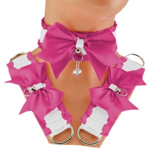 Pink kitten petplay set choker collar and bracelet set cuffs bell satin bow lace white pastel costume cosplay kawaii princess neko