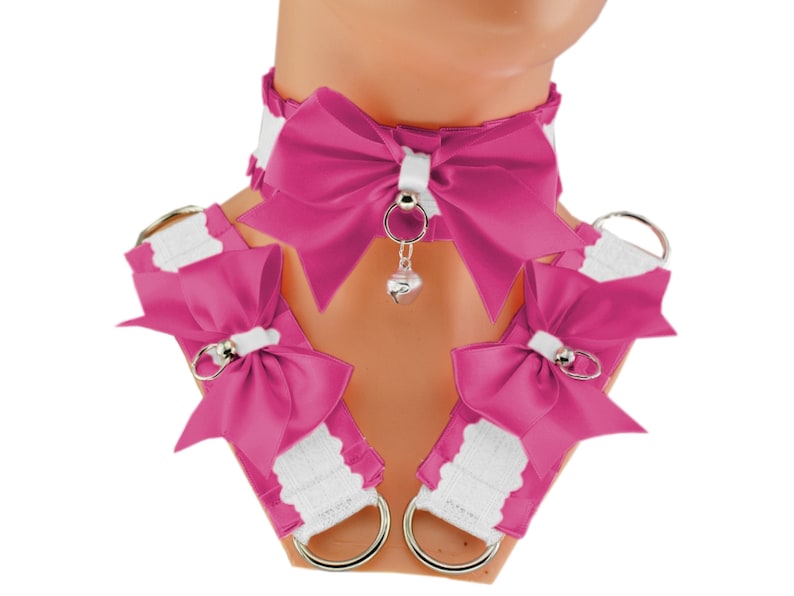 Pink kitten petplay set choker collar and bracelet set cuffs bell satin bow lace white pastel costume cosplay kawaii princess neko