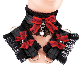 Red black choker collar kitten petplay set bracelet set cuffs bell black bow satin lace red pastel gothic goth costume cosplay kawaii