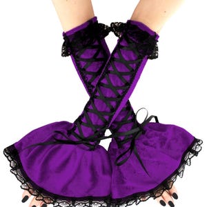 Lila Samt Gothic Handschuhe: Korsett geschnürte fingerlose Armstulpen