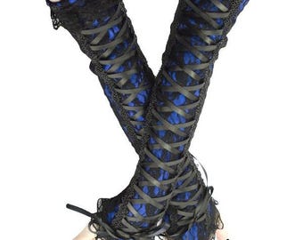 Womens gloves black lace fingerless arm warmers evening costume gothic women black blue goth gloves available lacing corset costume