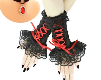 Conjunto de gargantilla y guantes de terciopelo, estilo gótico negro y rojo, mangas con encaje, collar con cabujón y anilla, corsé con cinta y cordones, tallas XS-3XL