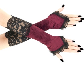 Velvet womens gloves, black burgundy fingerless gloves, gothic formal lace gloves, warmers elbow length evening gloves plus size available