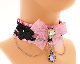 Romántico collar de princesa collares de cadena gargantilla de raso encaje lazo rosa con collar de joyas colgante de luna arco iris vintage hecho a medida hecho a mano