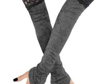 20 Inch Grey Velvet Fingerless Gloves, Elastic Black Lace Trim Arm Warmers, Elegant Long Evening Sleeves, Middle Finger Loop, Sizes XS-3XL
