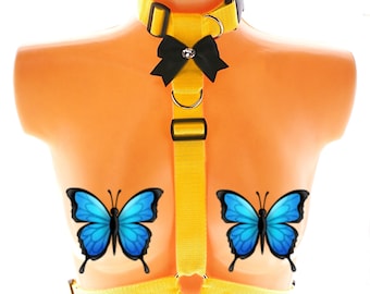 Yellow Puppy Collared Chest Harness, Black Satin Bow Kawaii Kitten Pet Play Choker, Pride Festival Rave Wear, Adjustable Buckle Gear, XS-5XL