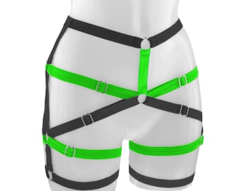 Neon groen zwart elastische harnas panty XS-XL verstelbaar handgemaakte festival Rave outfit cyberpunk esthetische body kooi danskleding bodems