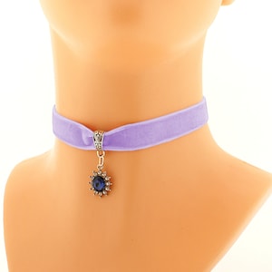 Purple velvet thin choker elegant glamor evening pendant glass necklace, womens romantic choker necklace victorian costume, handmade gift